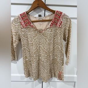 Lucky Brand Beige and Red Embroidered V-Neck Tunic